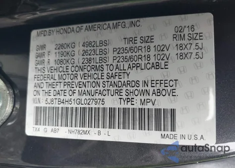 2016 Acura Rdx Technology Acurawatch Plus Packages/Technology Package from USA, damaged, VIN 5J8TB4H51GL027975